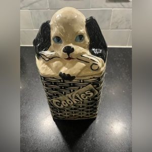 Vintage McCoy puppy in green basket cookie jar 1960